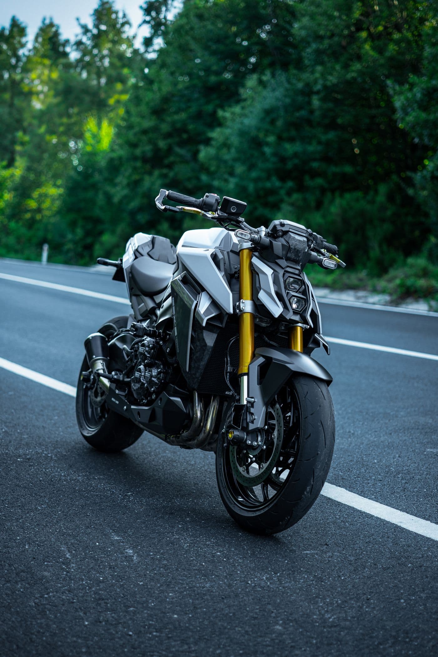 Moto naked aparcada en una carretera al atardecer